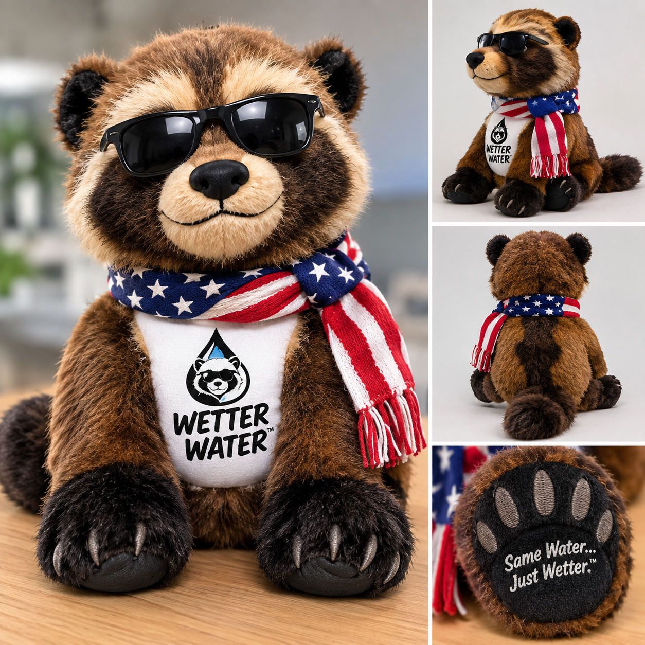 Eugene plush design shown from the front, side and back, with sunglasses and an American flag scarf.